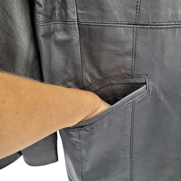 Vintage 80s Newport News Leather Coat Blazer Notched Collar Button Down Black 18 - Picture 6 of 15